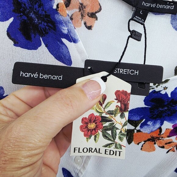 NWT Harve Bernard Tie Front Blouse Floral Size L Button Top Short Sleeve V-Neck - Picture 9 of 15